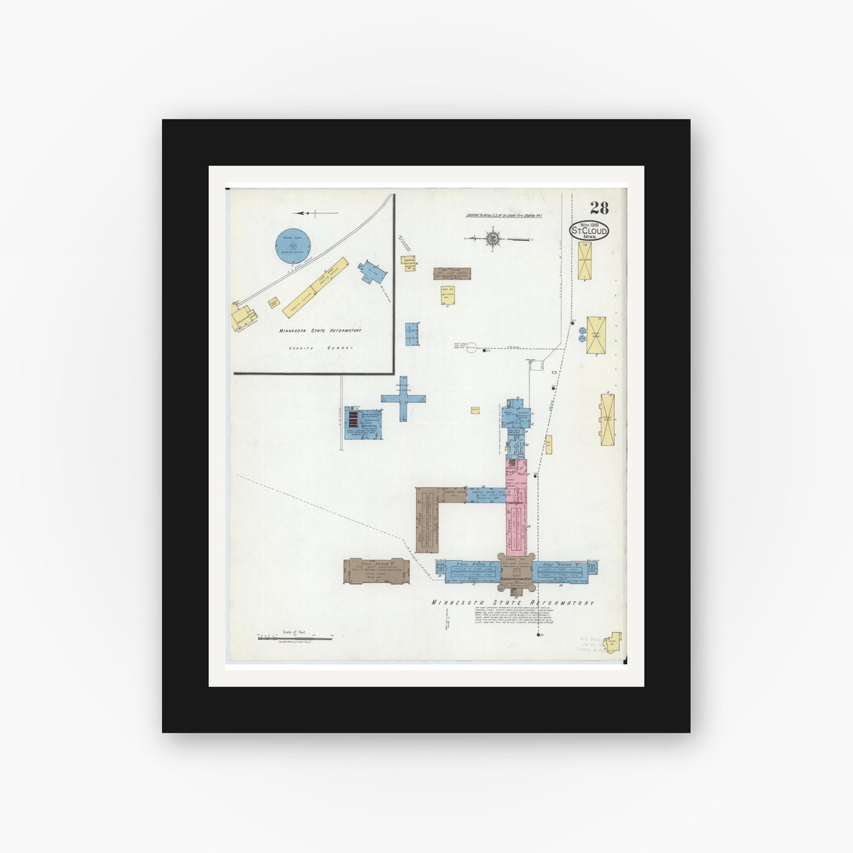 Old map wall art mockup — black gallery frame with white mat — Sanborn Fire Insurance Map from Saint Cloud, Stearns, Benton, and Sherburne Counties, Minnesota (1919), Sheet #0028