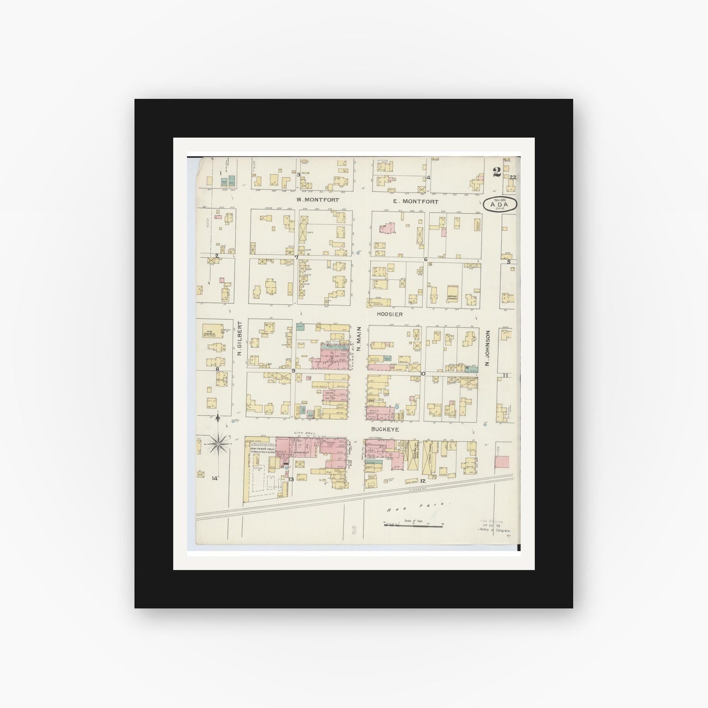 Old map wall art mockup — black gallery frame with white mat — Sanborn Fire Insurance Map from Ada, Hardin County, Ohio (1892), Sheet #0002