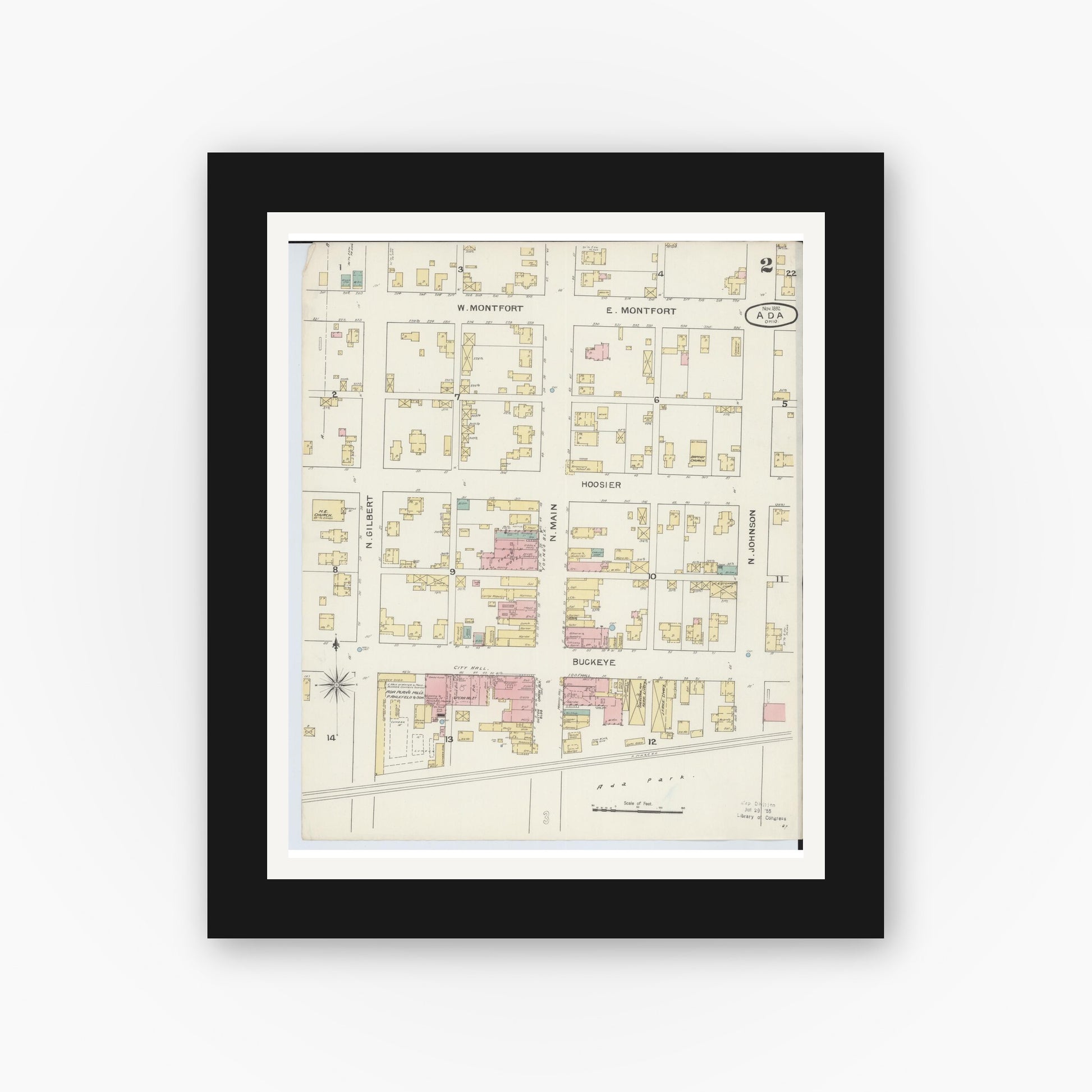 Old map wall art mockup — black gallery frame with white mat — Sanborn Fire Insurance Map from Ada, Hardin County, Ohio (1892), Sheet #0002