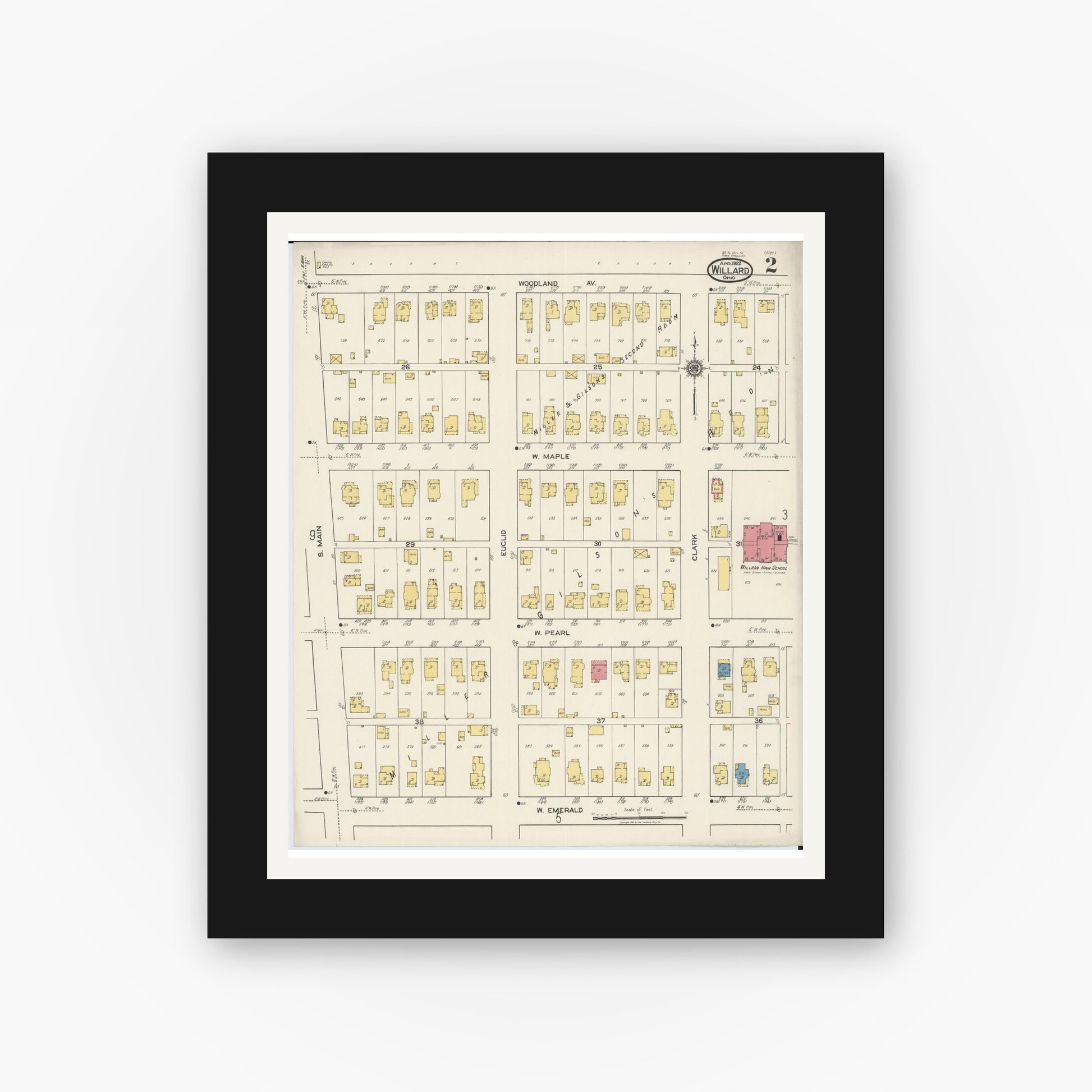 Old map wall art mockup — black gallery frame with white mat — Sanborn Fire Insurance Map from Willard, Huron County, Ohio (1922), Sheet #0002