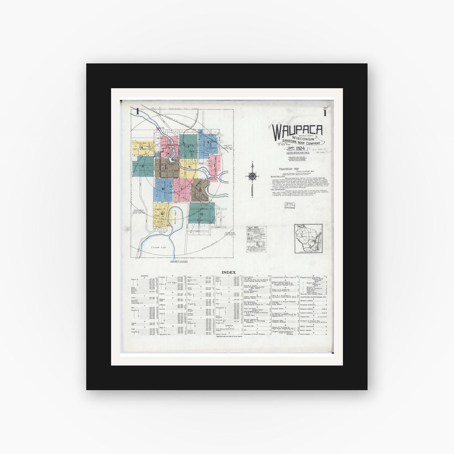 Old map wall art mockup — black gallery frame with white mat — Sanborn Fire Insurance Map from Waupaca, Waupaca County, Wisconsin (1924) - Complete Map Set