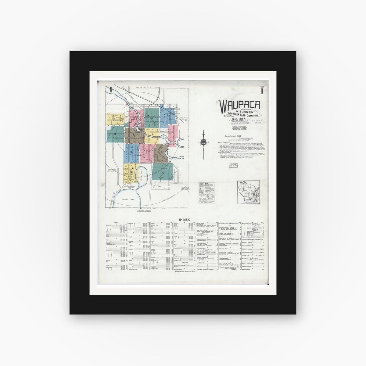 Old map wall art mockup — black gallery frame with white mat — Sanborn Fire Insurance Map from Waupaca, Waupaca County, Wisconsin (1924) - Complete Map Set