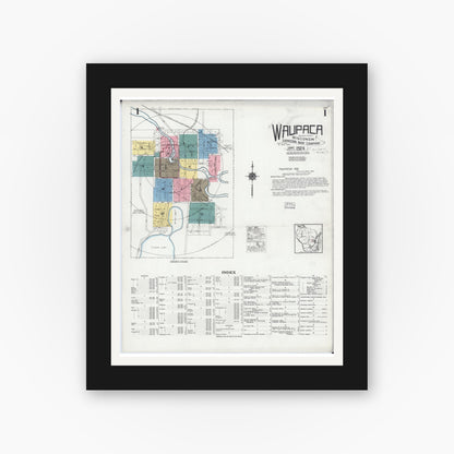 Old map wall art mockup — black gallery frame with white mat — Sanborn Fire Insurance Map from Waupaca, Waupaca County, Wisconsin (1924) - Complete Map Set