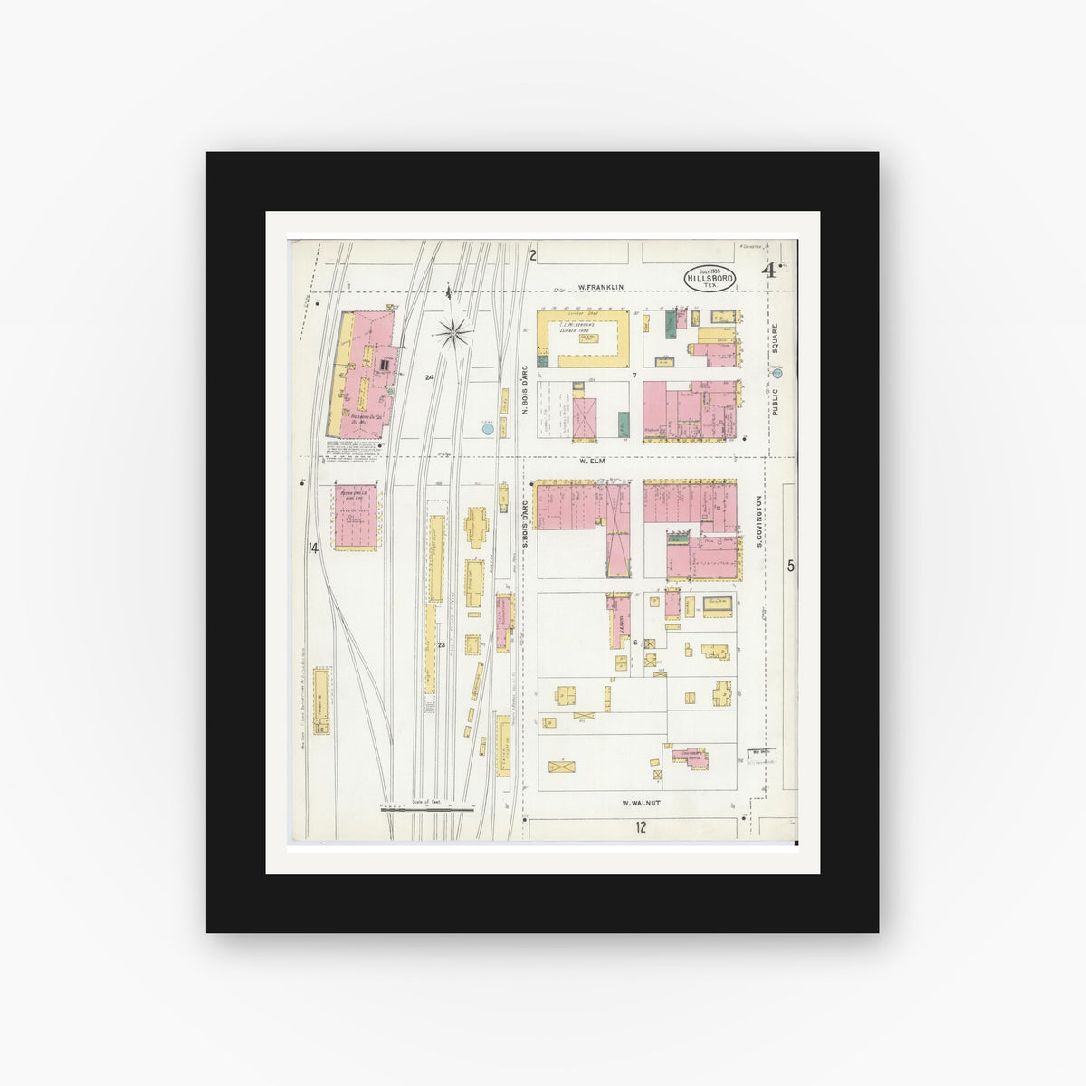 Old map wall art mockup — black gallery frame with white mat — Sanborn Fire Insurance Map from Hillsboro, Hill County, Texas (1905), Sheet #0004
