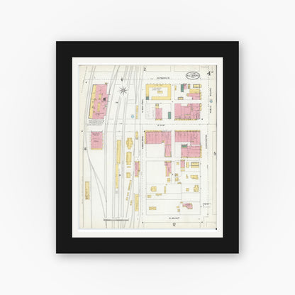 Old map wall art mockup — black gallery frame with white mat — Sanborn Fire Insurance Map from Hillsboro, Hill County, Texas (1905), Sheet #0004