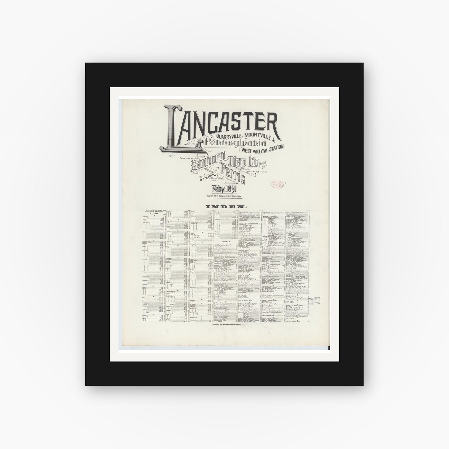 Old map wall art mockup — black gallery frame with white mat — Sanborn Fire Insurance Map from Lancaster, Lancaster County, Pennsylvania (1891), Sheet #0001