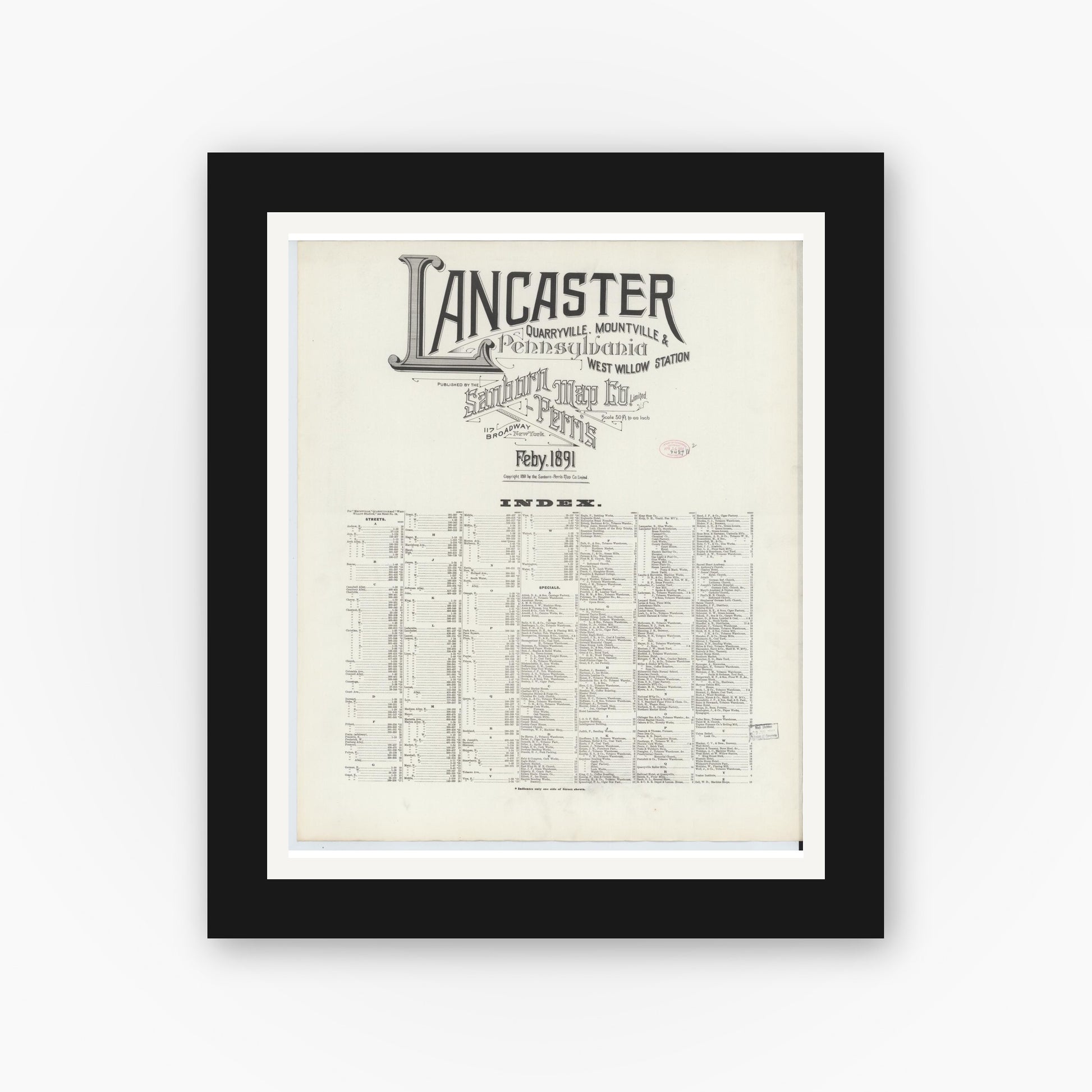 Old map wall art mockup — black gallery frame with white mat — Sanborn Fire Insurance Map from Lancaster, Lancaster County, Pennsylvania (1891), Sheet #0001