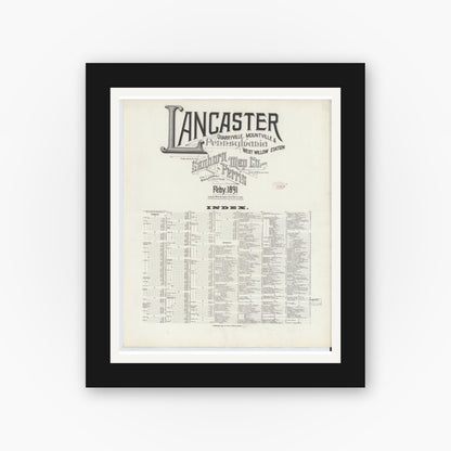 Old map wall art mockup — black gallery frame with white mat — Sanborn Fire Insurance Map from Lancaster, Lancaster County, Pennsylvania (1891), Sheet #0001