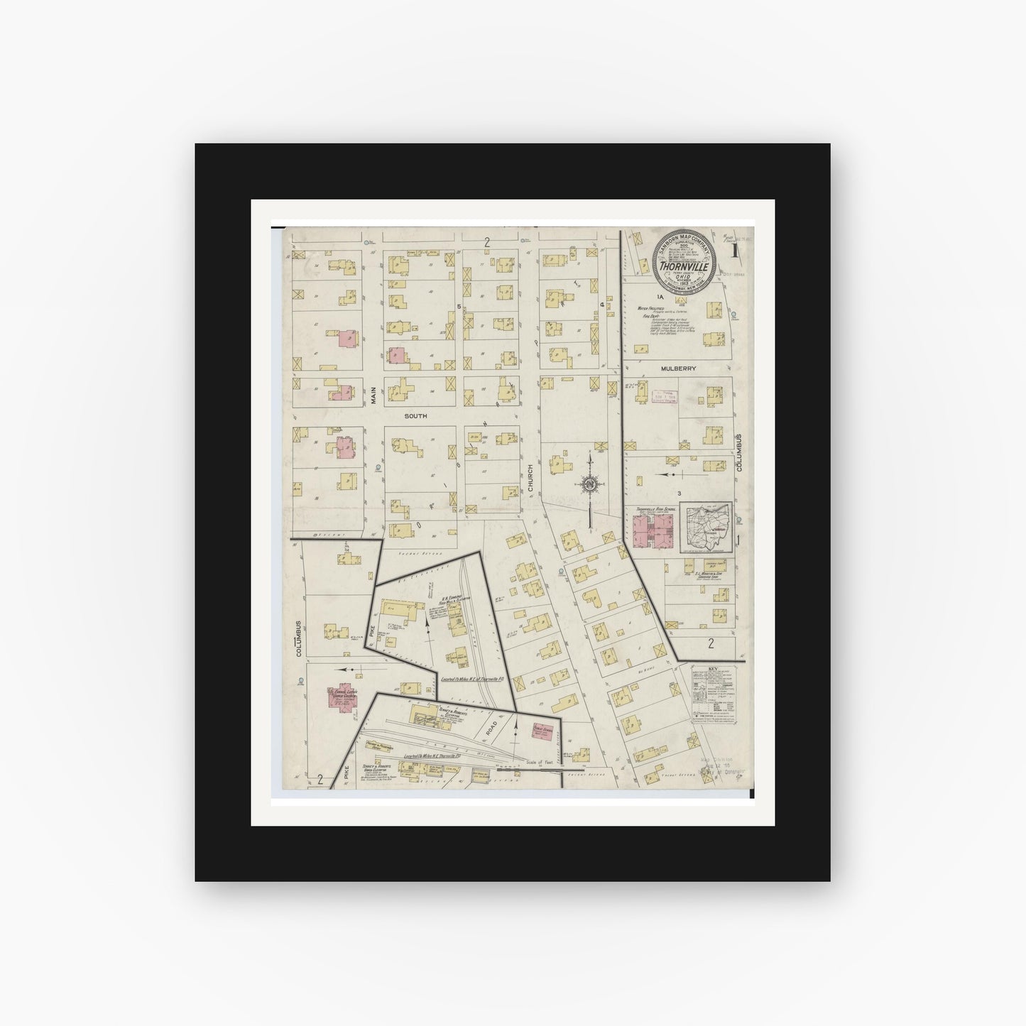 Old map wall art mockup — black gallery frame with white mat — Sanborn Fire Insurance Map from Thornville, Perry County, Ohio (1913), Sheet #0001