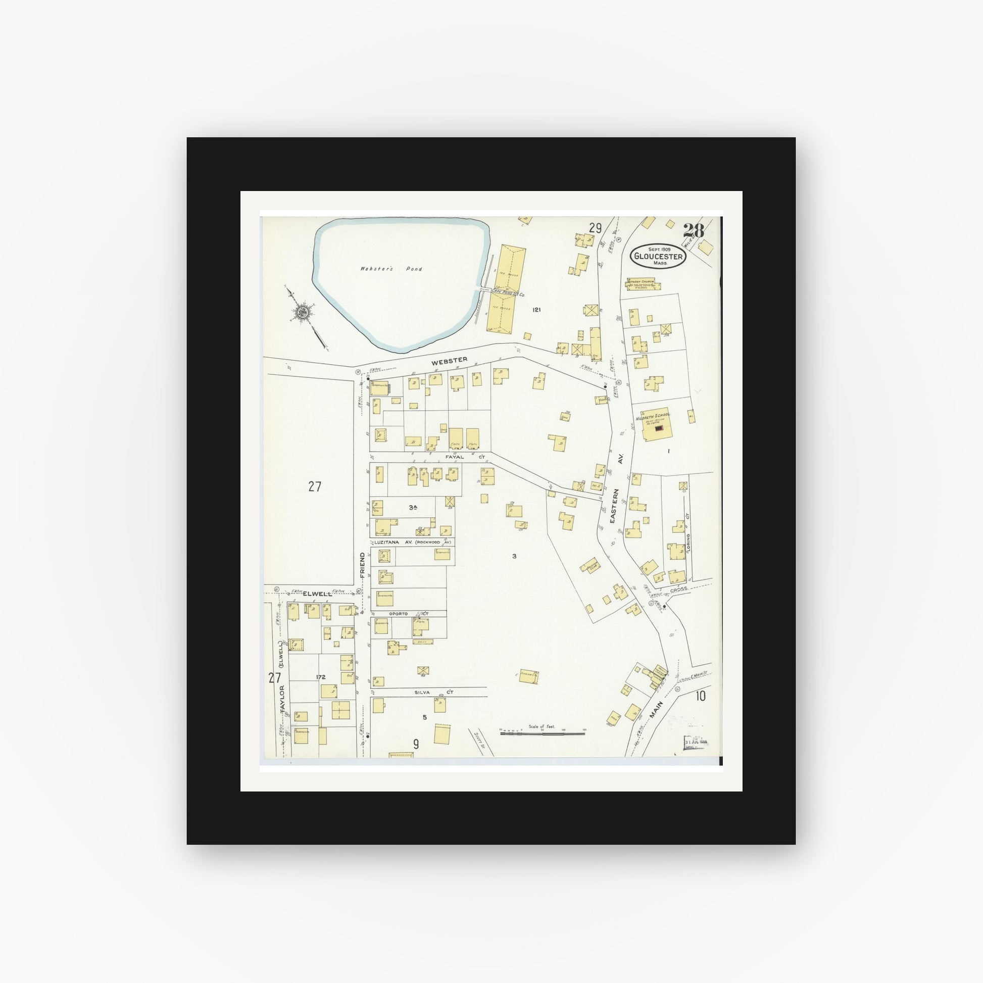 Old map wall art mockup — black gallery frame with white mat — Sanborn Fire Insurance Map from Gloucester, Essex County, Massachusetts (1909), Sheet #0028