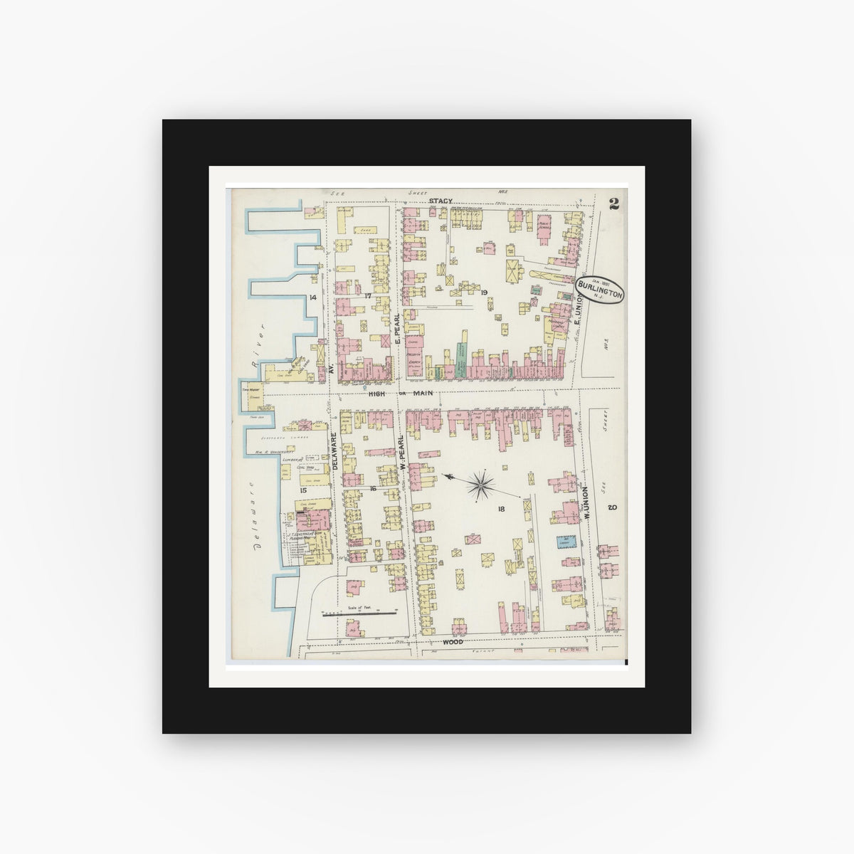 Old map wall art mockup — black gallery frame with white mat — Sanborn Fire Insurance Map from Burlington, Burlington County, New Jersey (1891) - Complete Map Set