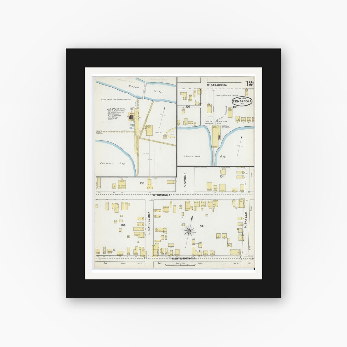 Old map wall art mockup — black gallery frame with white mat — Sanborn Fire Insurance Map from Pensacola, Escambia County, Florida (1892), Sheet #0012