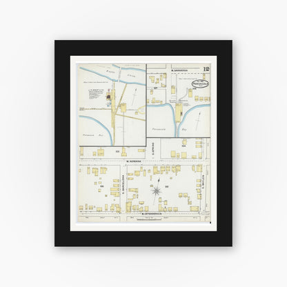 Old map wall art mockup — black gallery frame with white mat — Sanborn Fire Insurance Map from Pensacola, Escambia County, Florida (1892), Sheet #0012