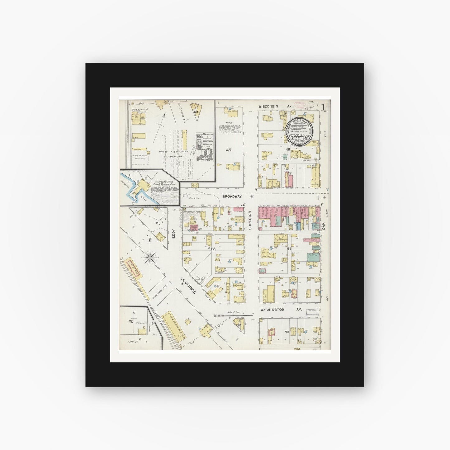 Old map wall art mockup — black gallery frame with white mat — Sanborn Fire Insurance Map from Kilbourn, Columbia County, Wisconsin (1892), Sheet #0001