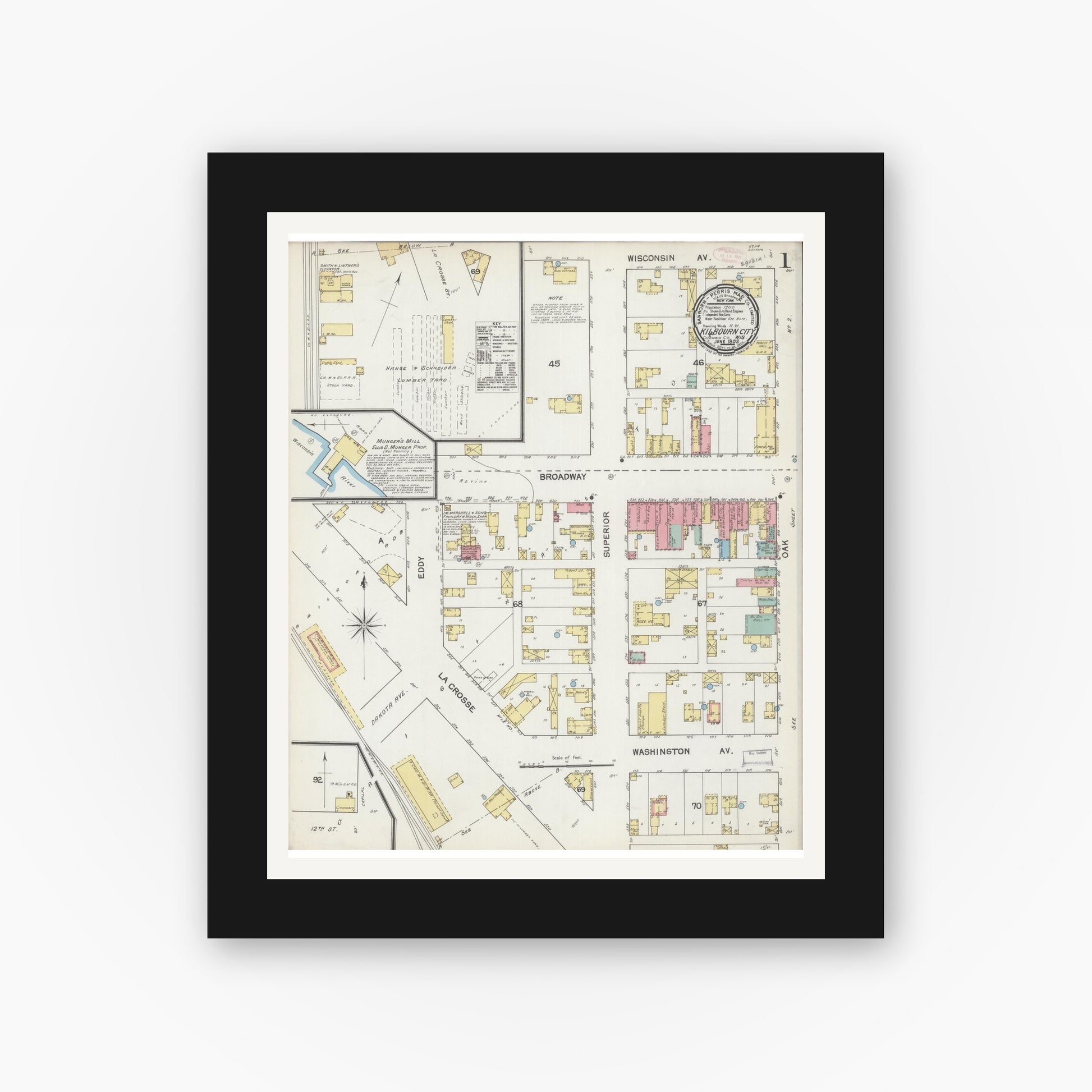 Old map wall art mockup — black gallery frame with white mat — Sanborn Fire Insurance Map from Kilbourn, Columbia County, Wisconsin (1892), Sheet #0001