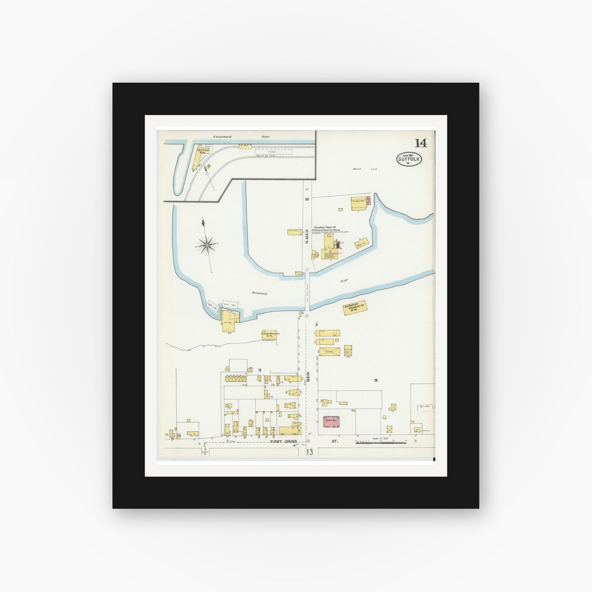 Old map wall art mockup — black gallery frame with white mat — Sanborn Fire Insurance Map from Suffolk, Independent Cities, Virginia (1903), Sheet #0014