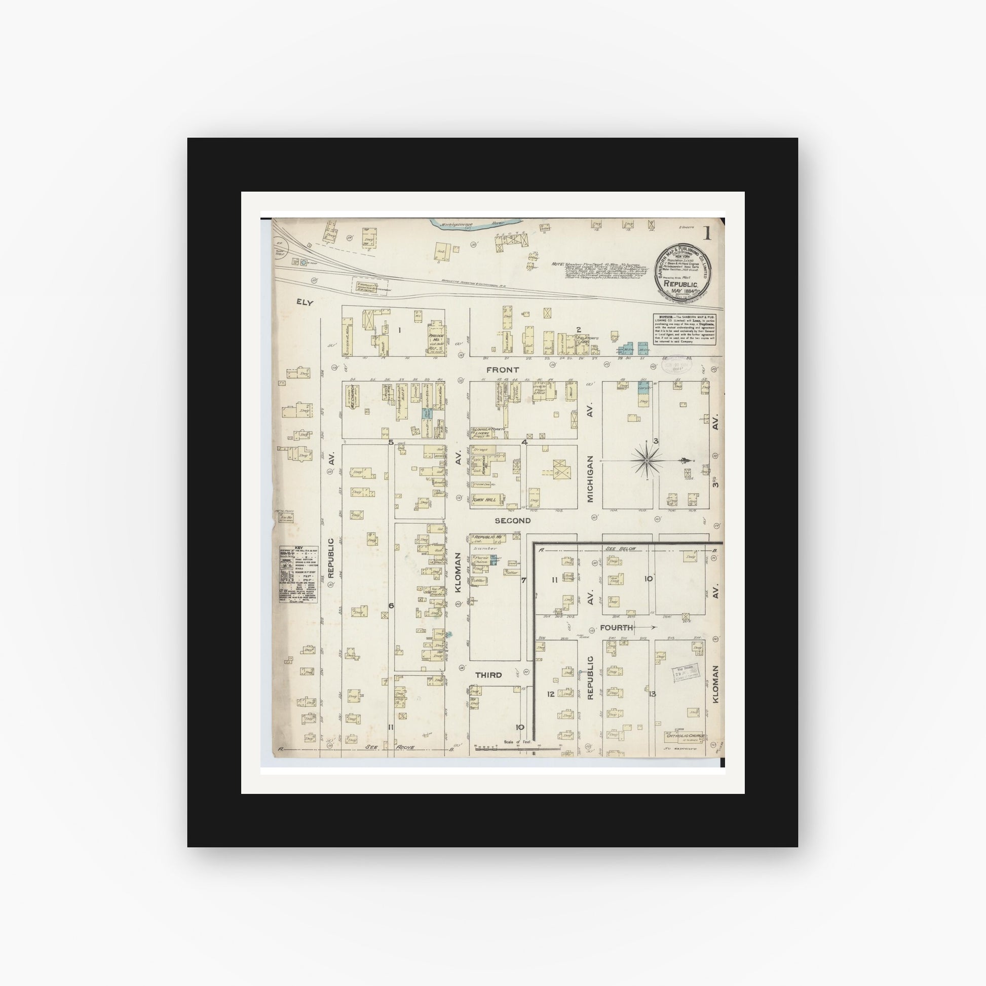 Old map wall art mockup — black gallery frame with white mat — Sanborn Fire Insurance Map from Republic, Marquette County, Michigan (1884) - Complete Map Set