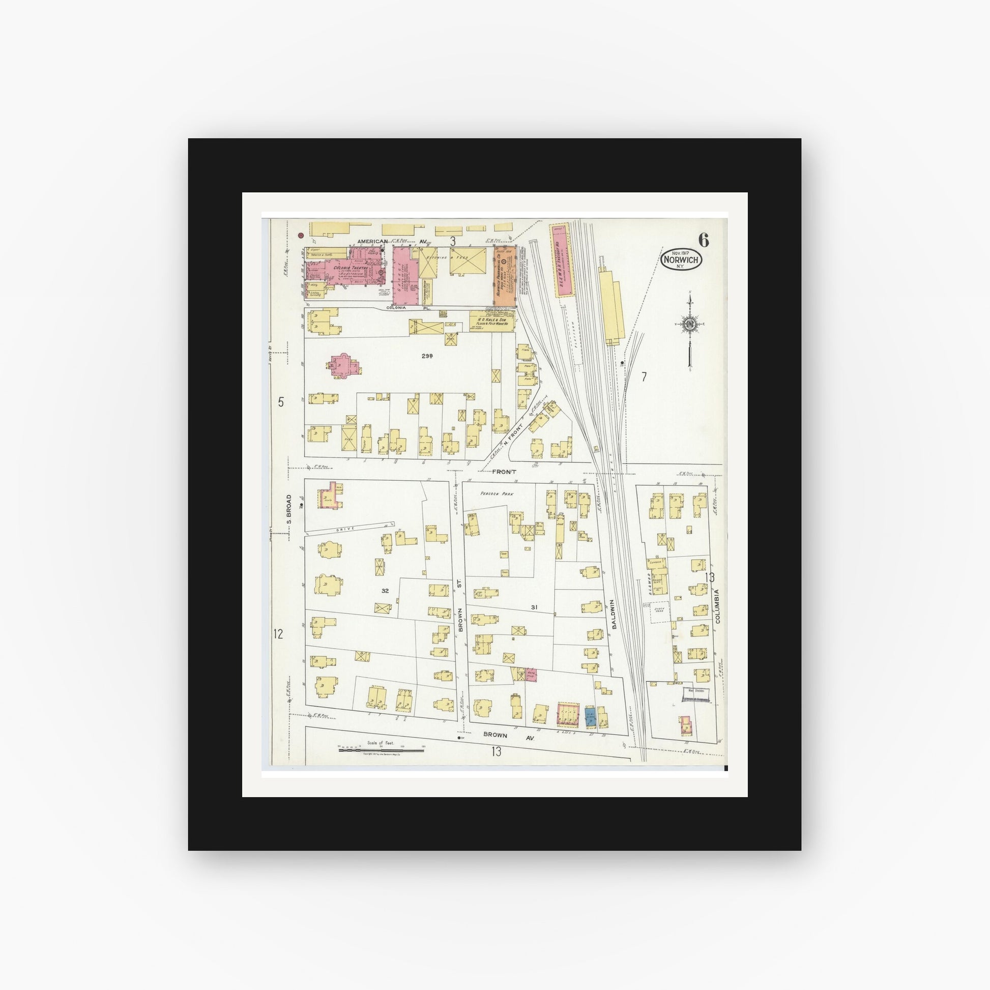 Old map wall art mockup — black gallery frame with white mat — Sanborn Fire Insurance Map from Norwich, Chenango County, New York (1917), Sheet #0006