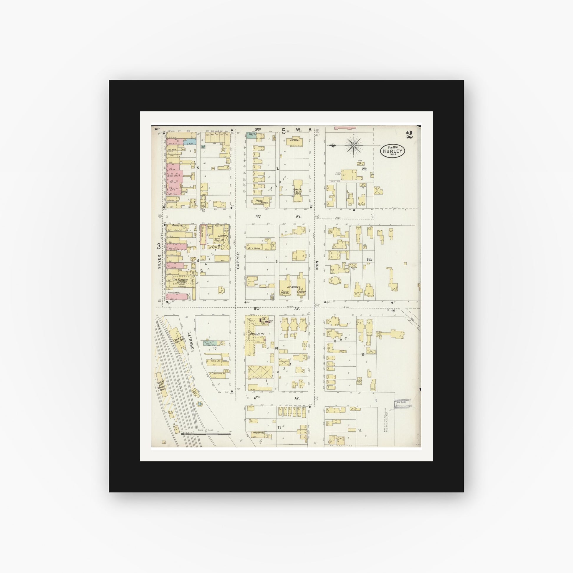 Old map wall art mockup — black gallery frame with white mat — Sanborn Fire Insurance Map from Hurley, Iron County, Wisconsin (1898), Sheet #0002