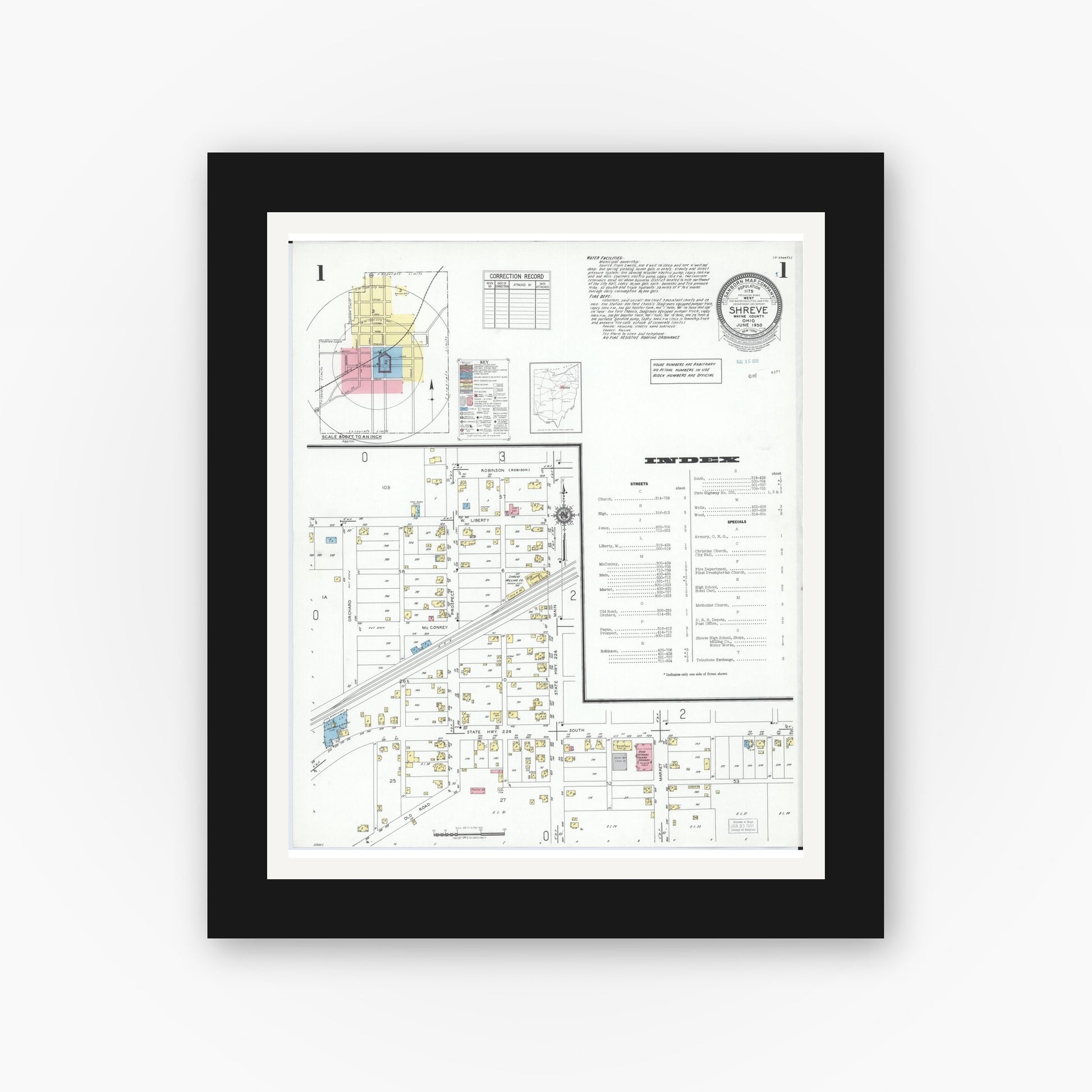 Old map wall art mockup — black gallery frame with white mat — Sanborn Fire Insurance Map from Shreve, Wayne County, Ohio (1950), Sheet #0001