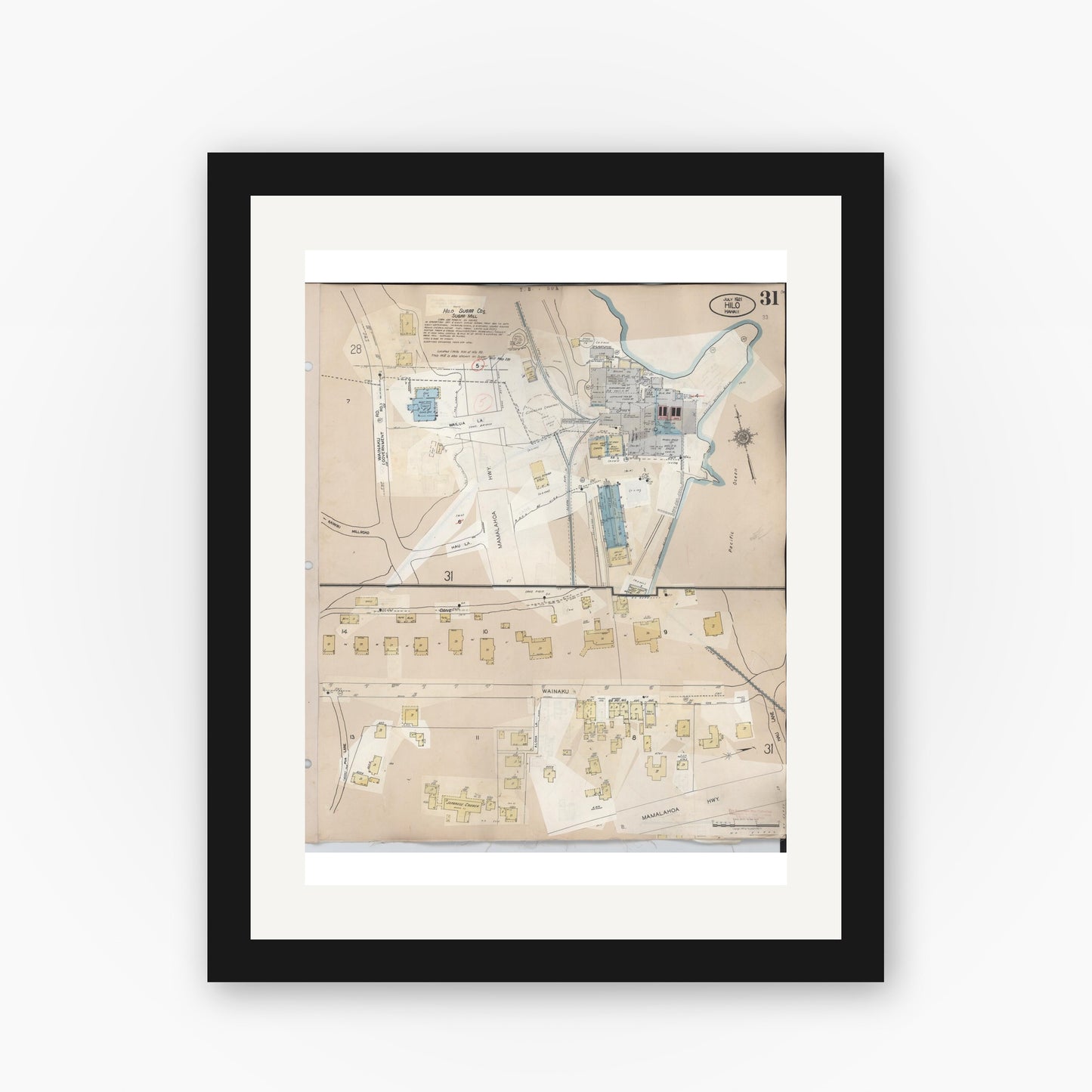 Old map wall art mockup — black gallery frame with white mat — Sanborn Fire Insurance Map from Hilo, Hawaii County, Hawaii (1957), Sheet #0031