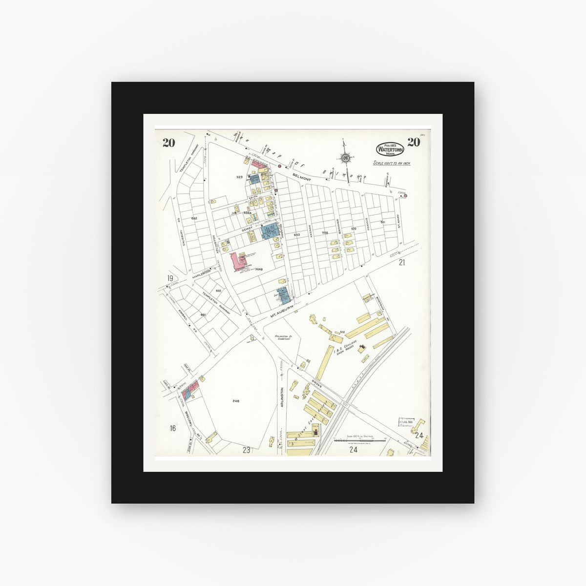 Old map wall art mockup — black gallery frame with white mat — Sanborn Fire Insurance Map from Watertown, Middlesex County, Massachusetts (1923), Sheet #0020
