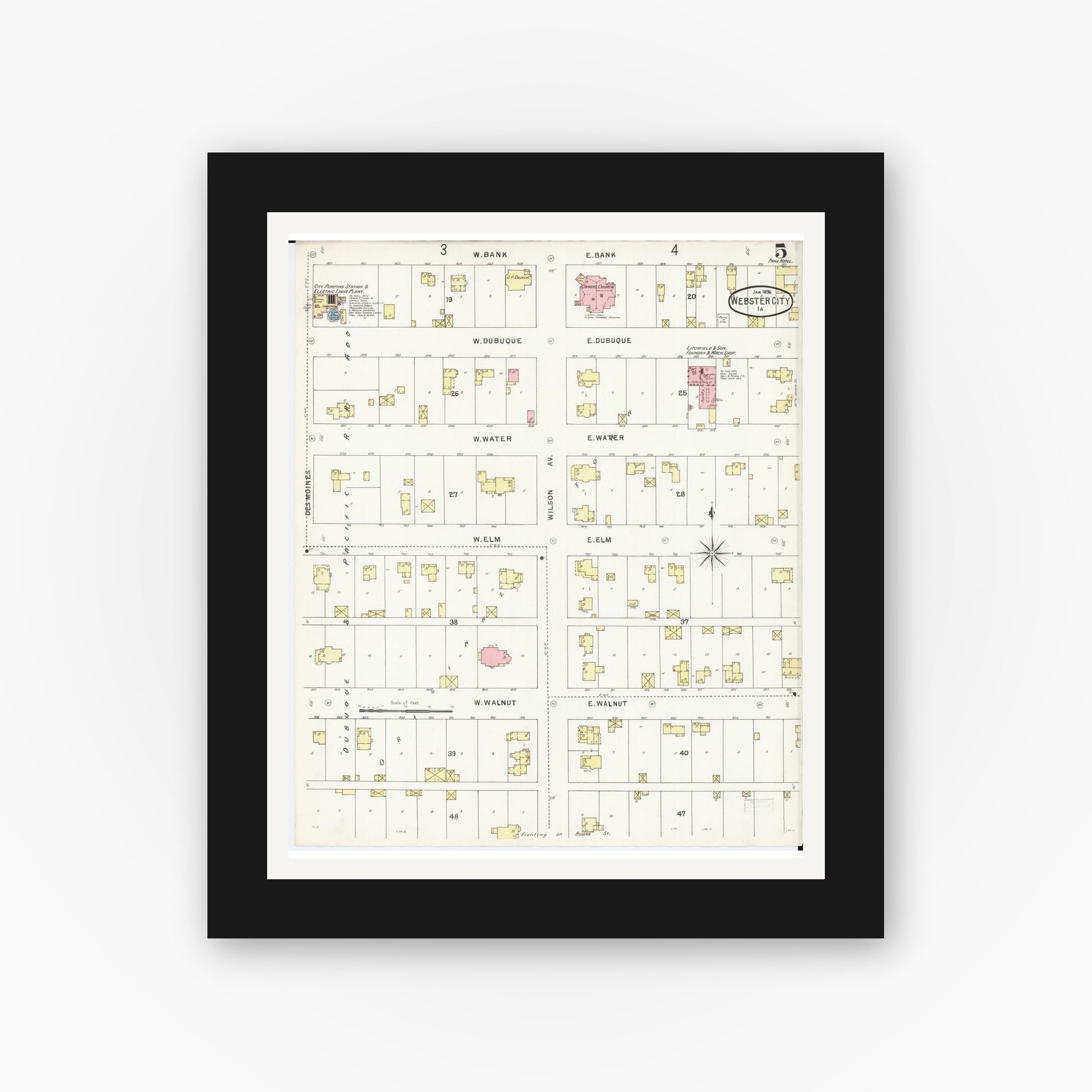 Old map wall art mockup — black gallery frame with white mat — Sanborn Fire Insurance Map from Webster City, Hamilton County, Iowa (1896), Sheet #0005