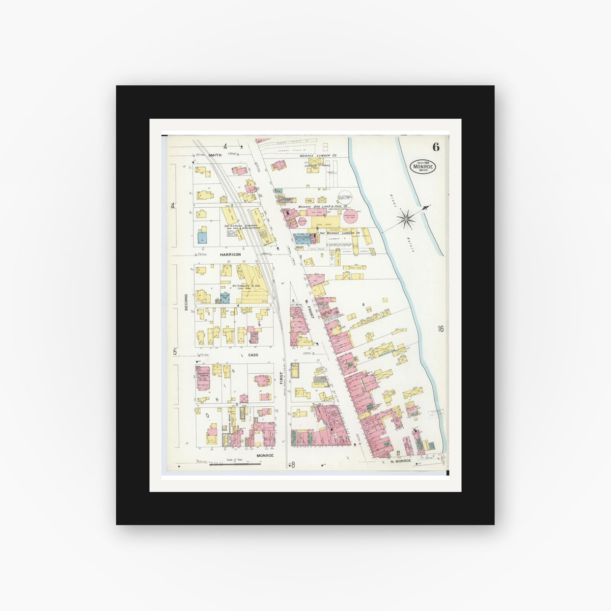 Old map wall art mockup — black gallery frame with white mat — Sanborn Fire Insurance Map from Monroe, Monroe County, Michigan (1908), Sheet #0006