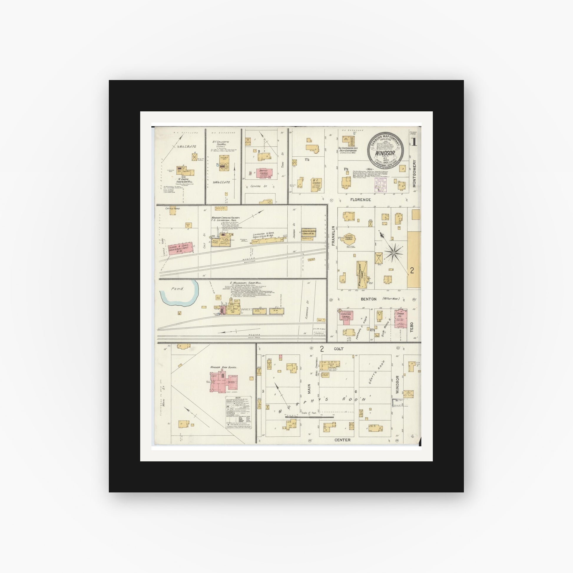 Old map wall art mockup — black gallery frame with white mat — Sanborn Fire Insurance Map from Windsor, Henry County, Missouri (1902) - Complete Map Set