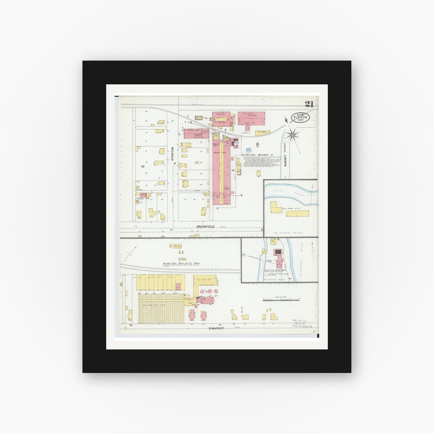 Old map wall art mockup — black gallery frame with white mat — Sanborn Fire Insurance Map from Tiffin, Seneca County, Ohio (1901), Sheet #0021
