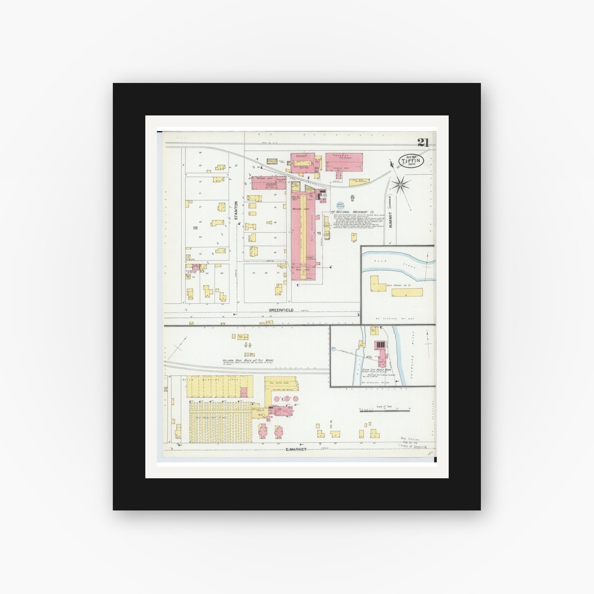 Old map wall art mockup — black gallery frame with white mat — Sanborn Fire Insurance Map from Tiffin, Seneca County, Ohio (1901), Sheet #0021