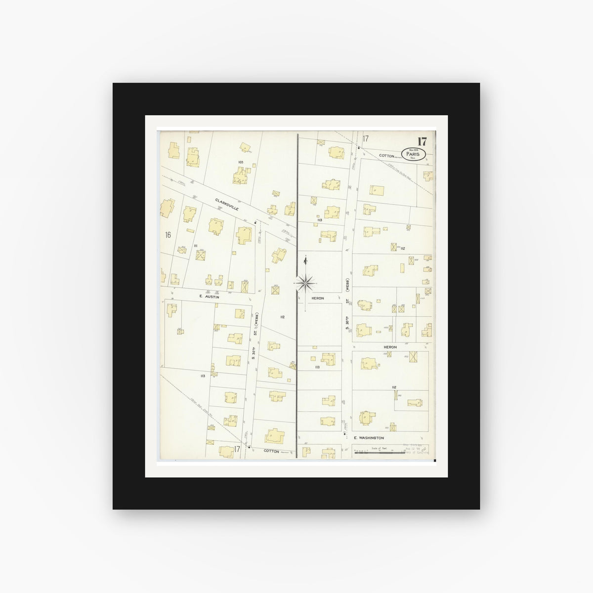 Old map wall art mockup — black gallery frame with white mat — Sanborn Fire Insurance Map from Paris, Lamar County, Texas (1908), Sheet #0017