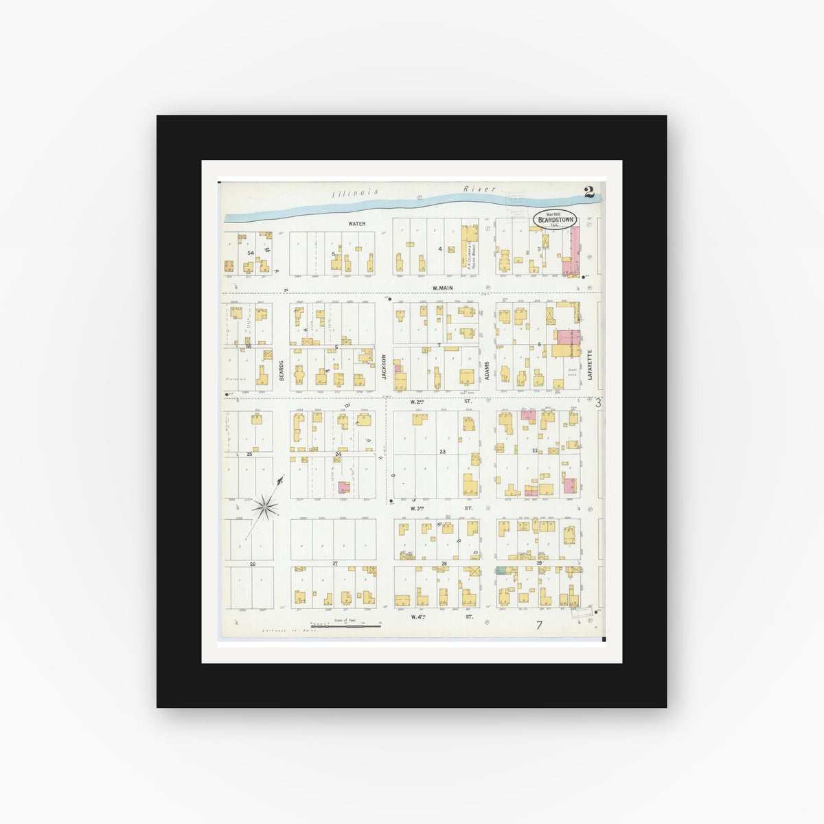 Old map wall art mockup — black gallery frame with white mat — Sanborn Fire Insurance Map from Beardstown, Cass County, Illinois (1900), Sheet #0002