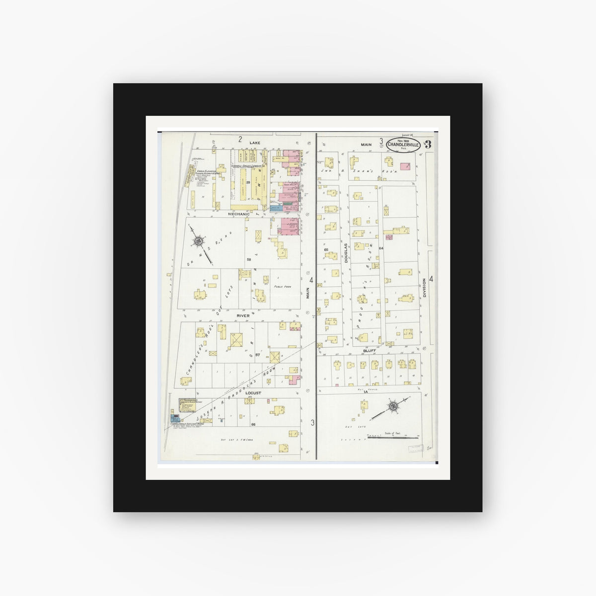 Old map wall art mockup — black gallery frame with white mat — Sanborn Fire Insurance Map from Chandlerville, Cass County, Illinois (1909), Sheet #0003
