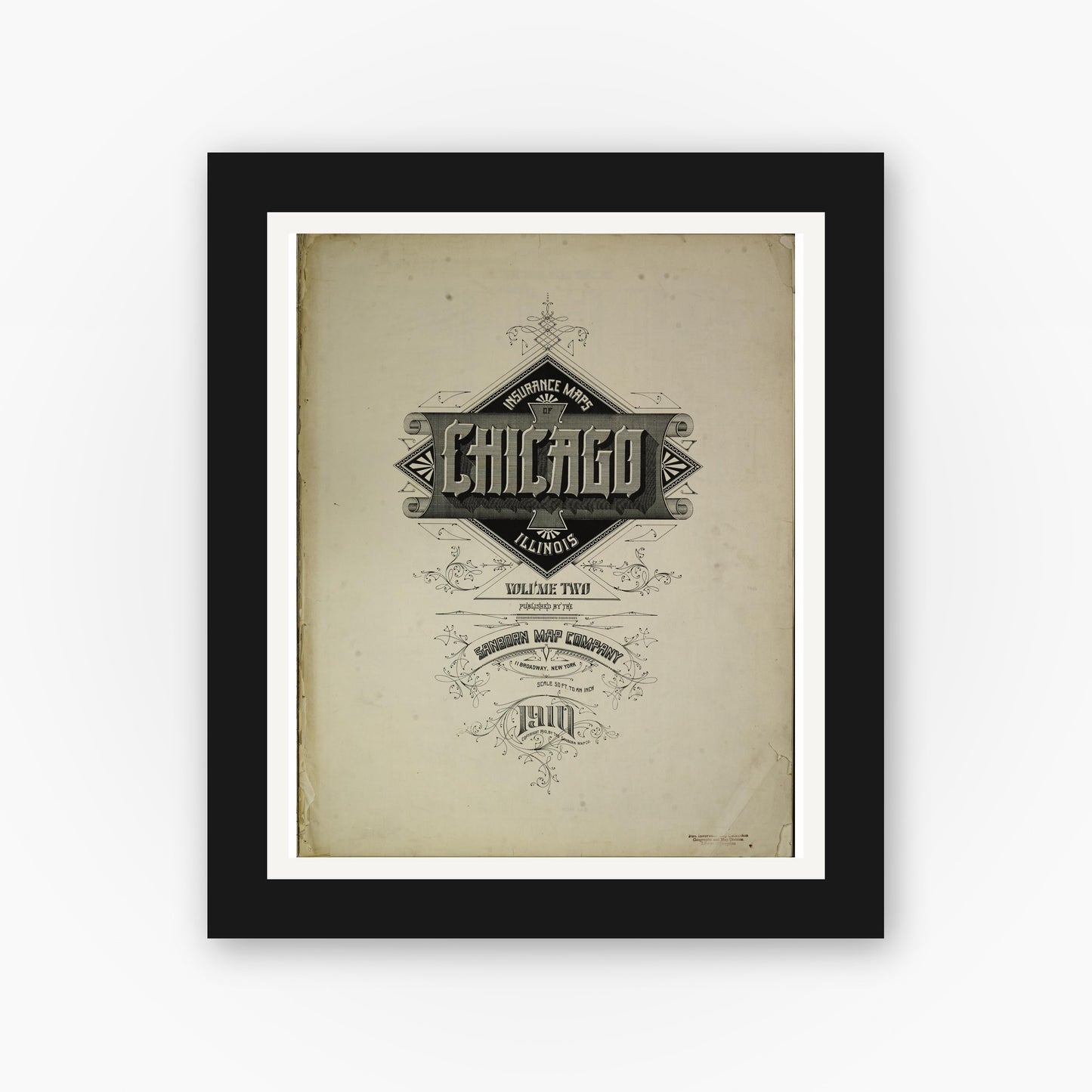 Old map wall art mockup — black gallery frame with white mat — Sanborn Fire Insurance Map from Chicago, Cook County, Illinois (1910), Sheet #0001
