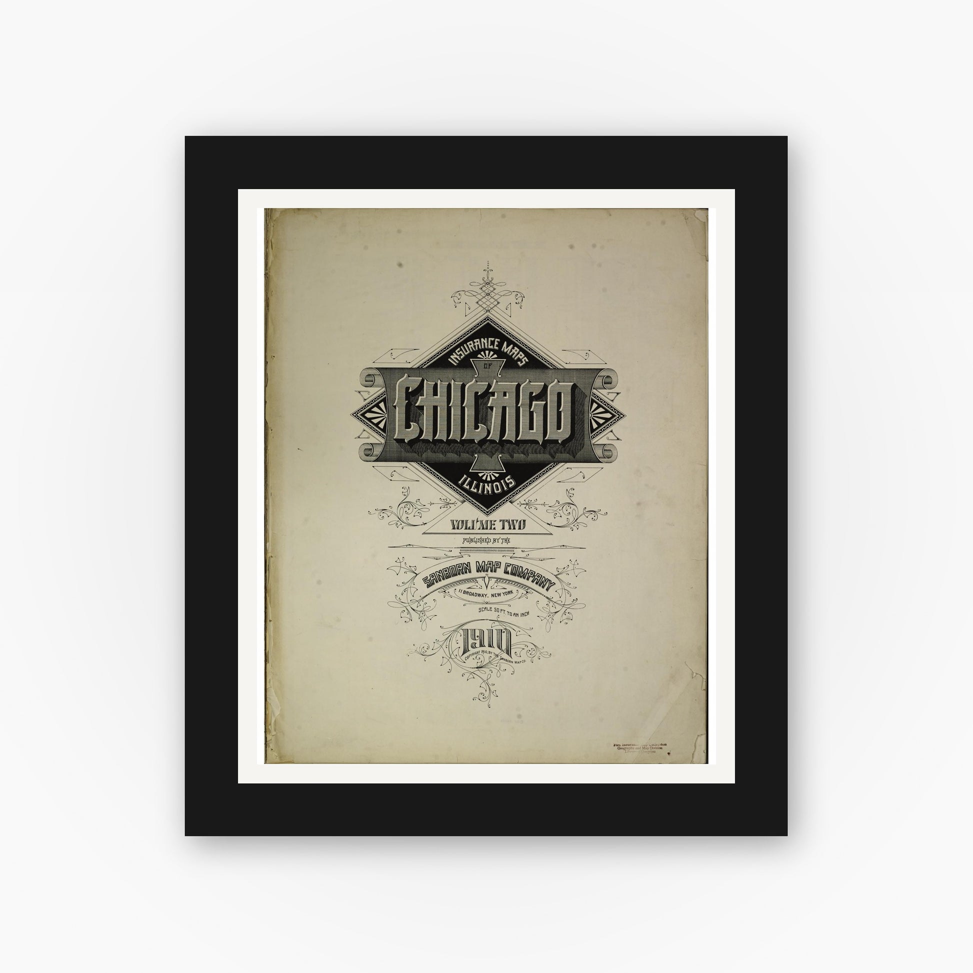 Old map wall art mockup — black gallery frame with white mat — Sanborn Fire Insurance Map from Chicago, Cook County, Illinois (1910), Sheet #0001