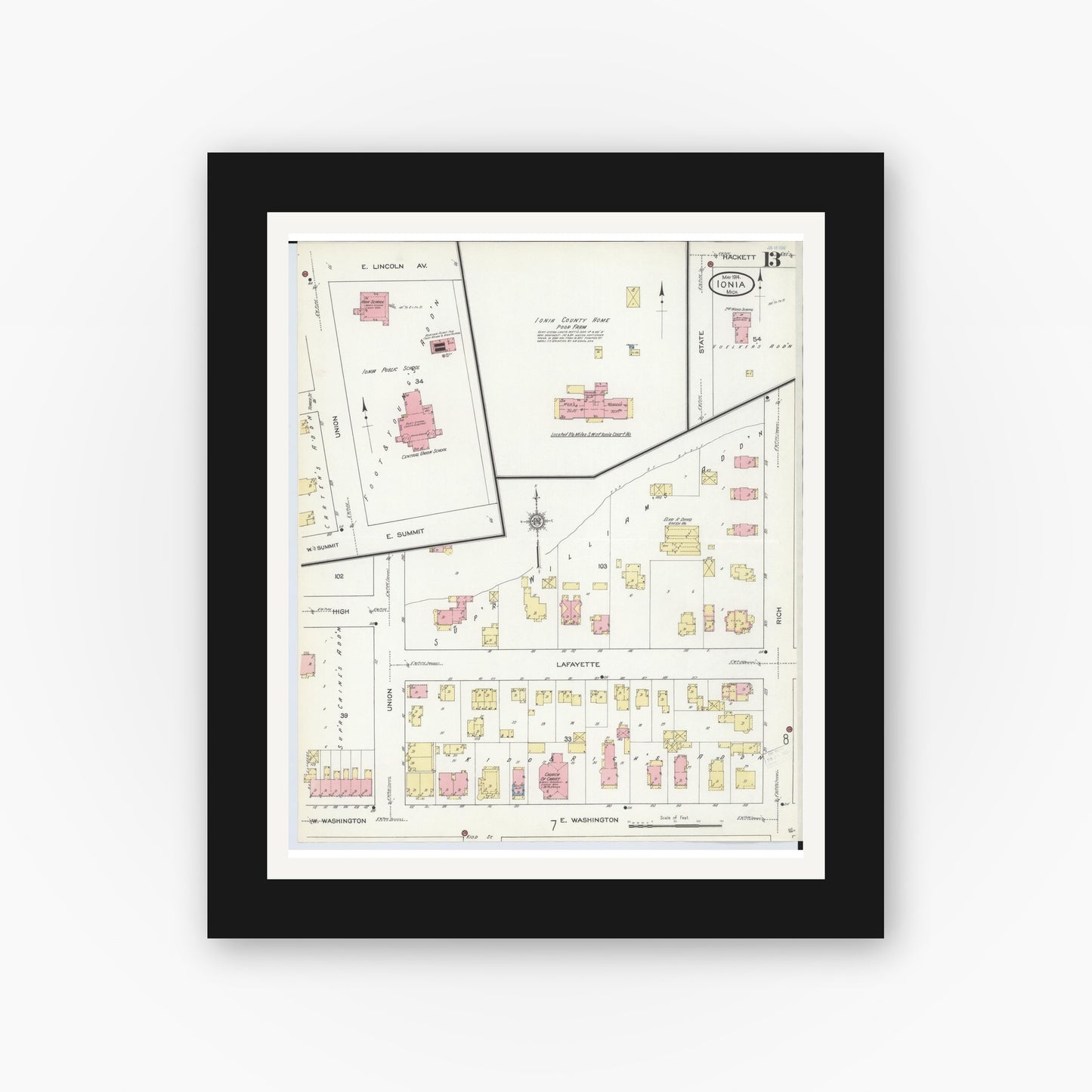 Old map wall art mockup — black gallery frame with white mat — Sanborn Fire Insurance Map from Ionia, Ionia County, Michigan (1914), Sheet #0013