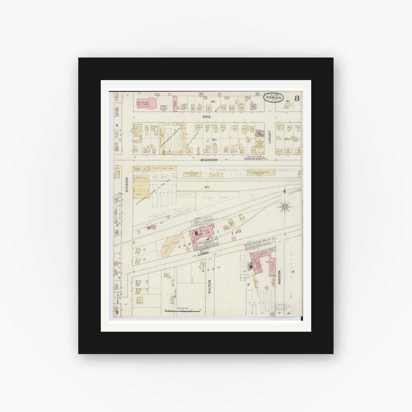 Old map wall art mockup — black gallery frame with white mat — Sanborn Fire Insurance Map from Adrian, Lenawee County, Michigan (1888), Sheet #0008