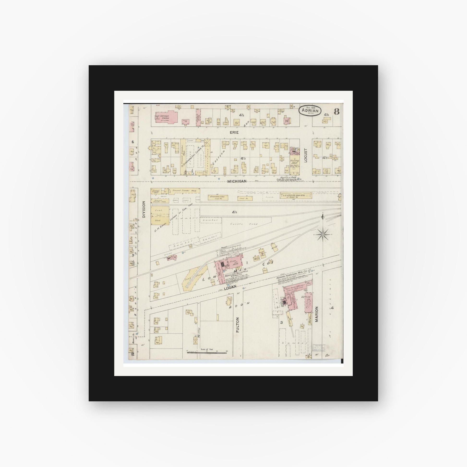 Old map wall art mockup — black gallery frame with white mat — Sanborn Fire Insurance Map from Adrian, Lenawee County, Michigan (1888), Sheet #0008