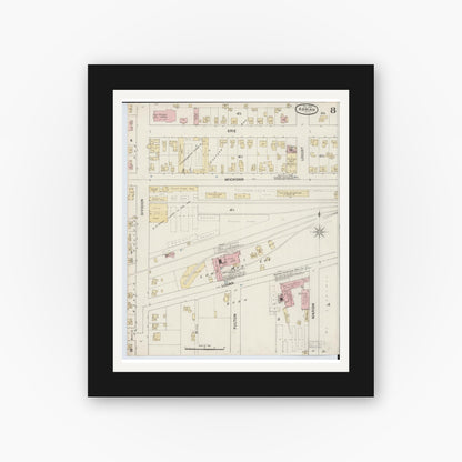Old map wall art mockup — black gallery frame with white mat — Sanborn Fire Insurance Map from Adrian, Lenawee County, Michigan (1888), Sheet #0008