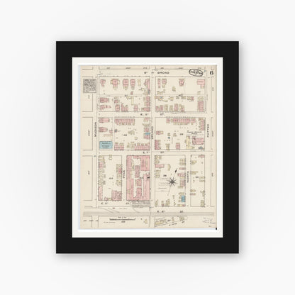 Old map wall art mockup — black gallery frame with white mat — Sanborn Fire Insurance Map from Chester, Delaware County, Pennsylvania (1885), Sheet #0006
