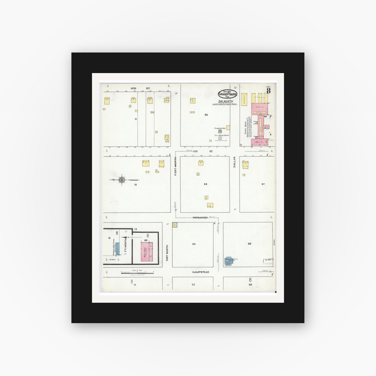 Old map wall art mockup — black gallery frame with white mat — Sanborn Fire Insurance Map from Grand Prairie, Dallas County, Texas (1920), Sheet #0008