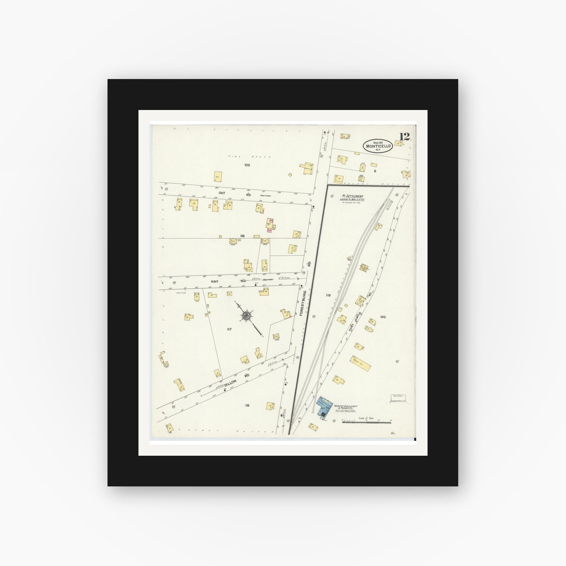 Old map wall art mockup — black gallery frame with white mat — Sanborn Fire Insurance Map from Monticello, Sullivan County, New York (1911), Sheet #0012