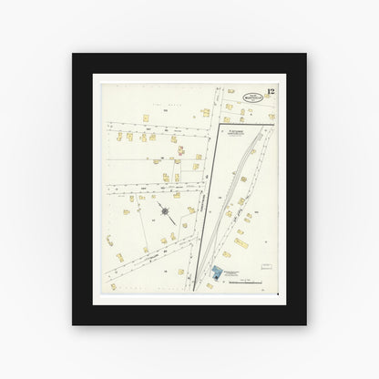 Old map wall art mockup — black gallery frame with white mat — Sanborn Fire Insurance Map from Monticello, Sullivan County, New York (1911), Sheet #0012