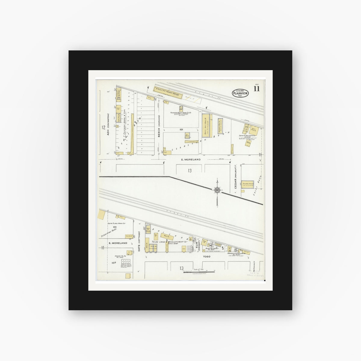 Old map wall art mockup — black gallery frame with white mat — Sanborn Fire Insurance Map from Plainview, Hale County, Texas (1921), Sheet #0011
