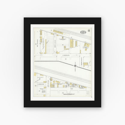 Old map wall art mockup — black gallery frame with white mat — Sanborn Fire Insurance Map from Plainview, Hale County, Texas (1921), Sheet #0011
