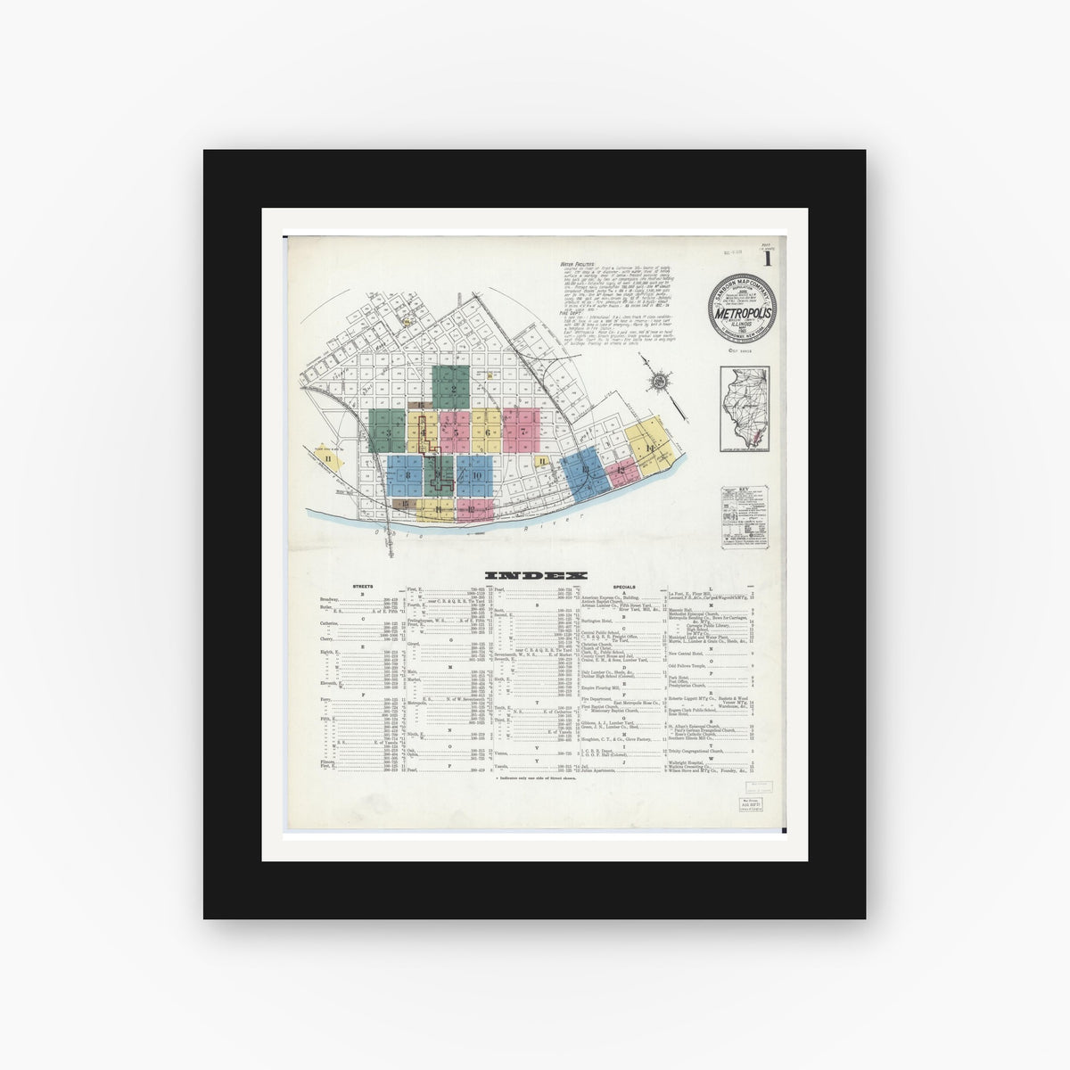 Old map wall art mockup — black gallery frame with white mat — Sanborn Fire Insurance Map from Metropolis, Massac County, Illinois (1921), Sheet #0001