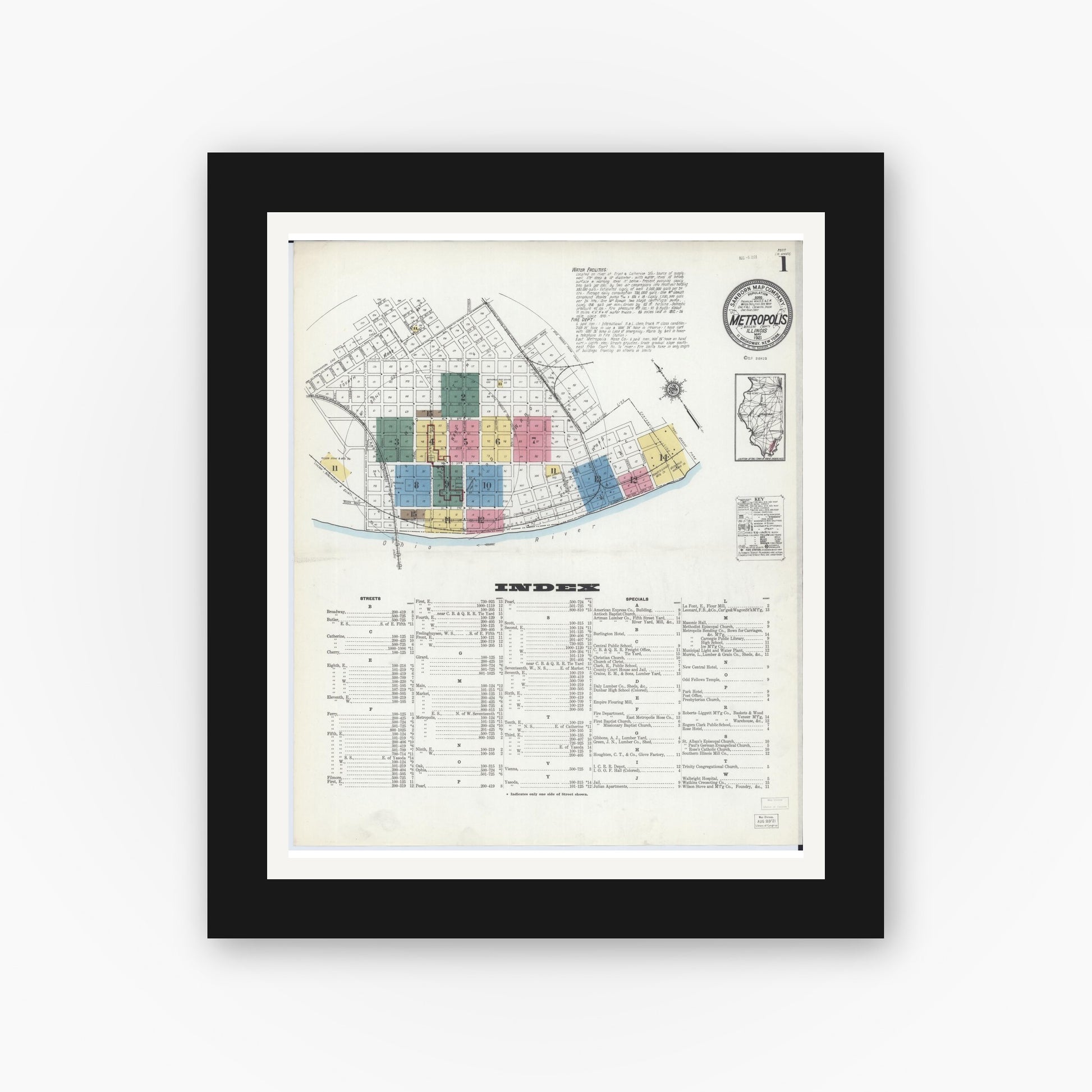 Old map wall art mockup — black gallery frame with white mat — Sanborn Fire Insurance Map from Metropolis, Massac County, Illinois (1921), Sheet #0001