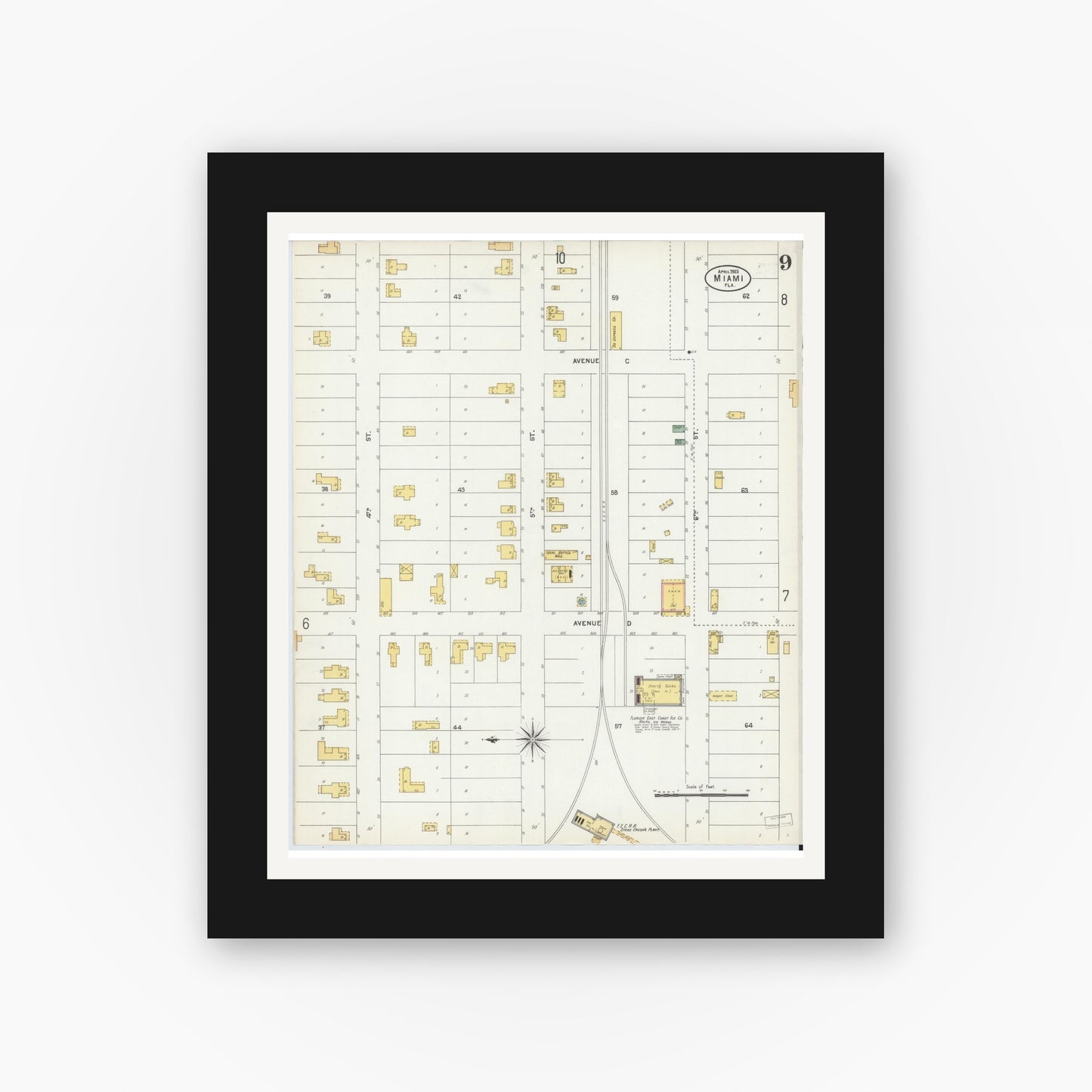 Old map wall art mockup — black gallery frame with white mat — Sanborn Fire Insurance Map from Miami, Dade County, Florida (1903), Sheet #0009
