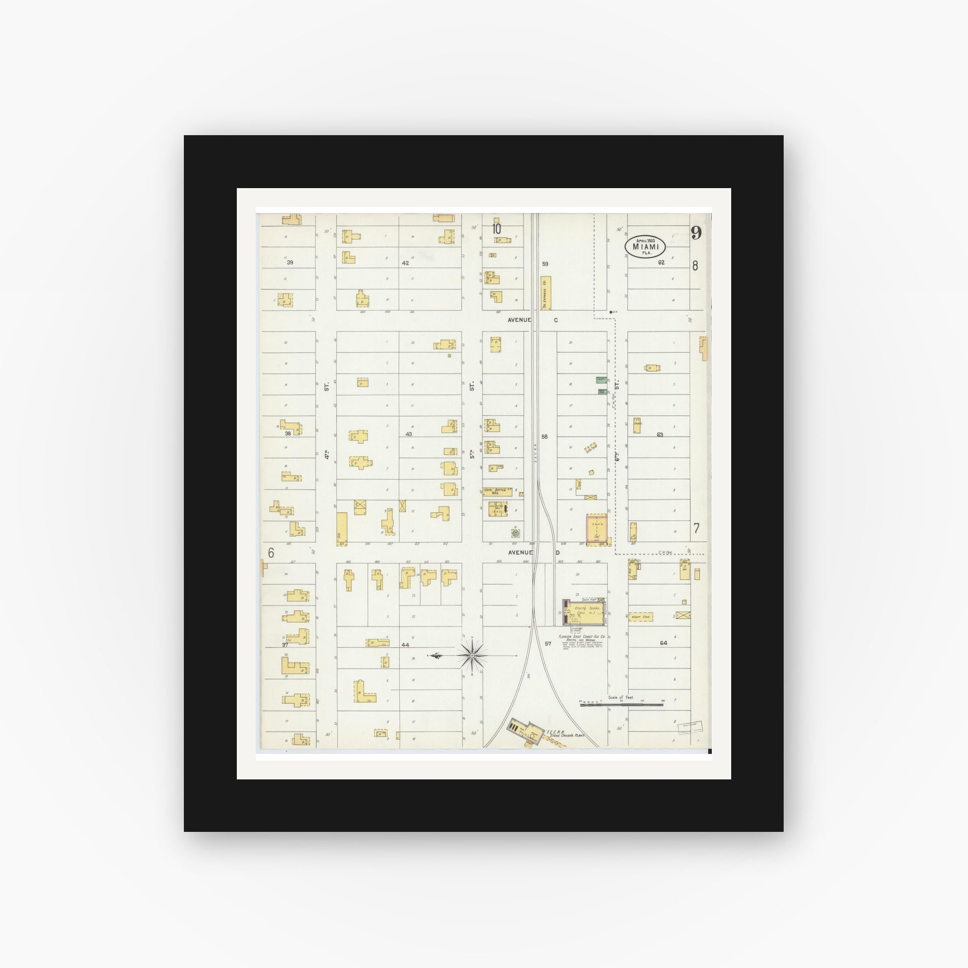 Old map wall art mockup — black gallery frame with white mat — Sanborn Fire Insurance Map from Miami, Dade County, Florida (1903), Sheet #0009